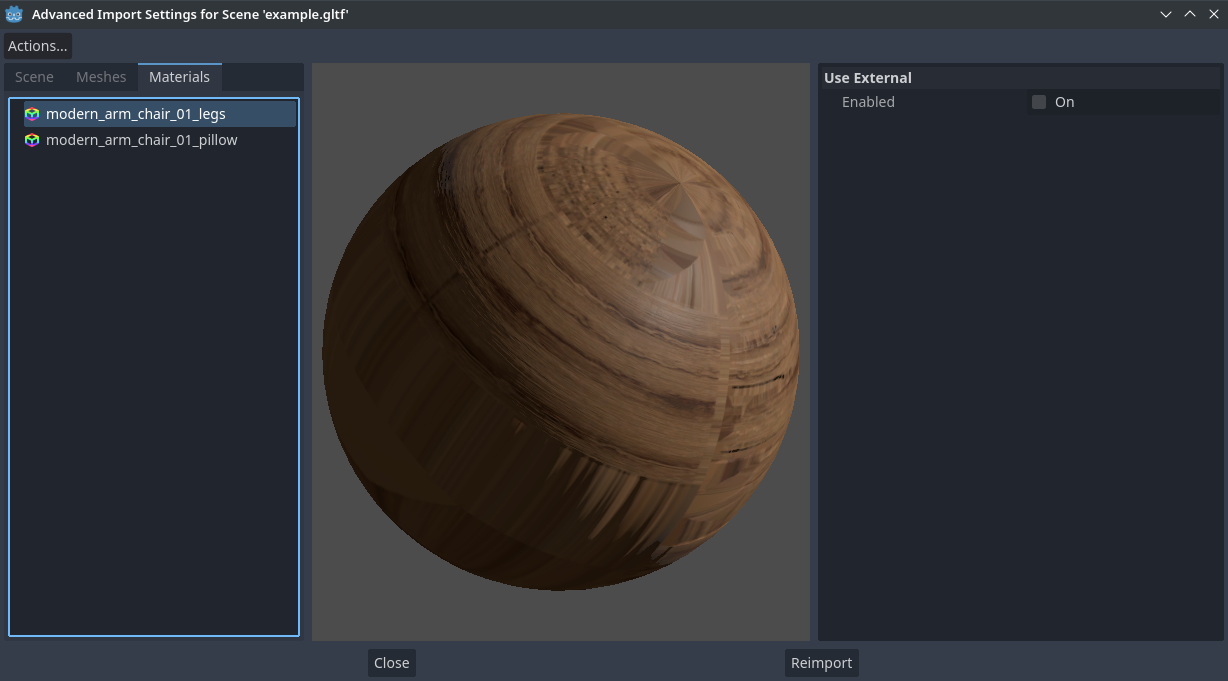 “高级导入设置”对话框（“材质”选项卡）