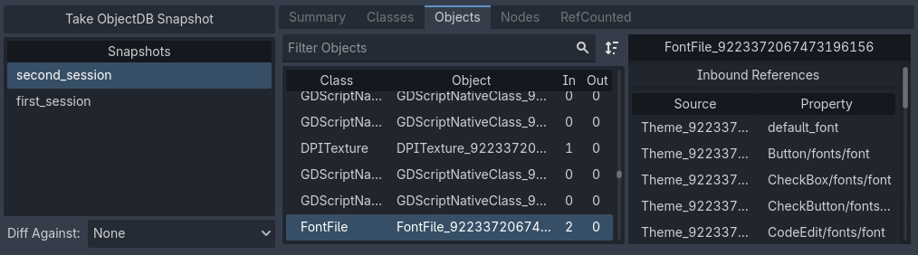 The Objects tab being used to view objects in a "bottom-up" manner