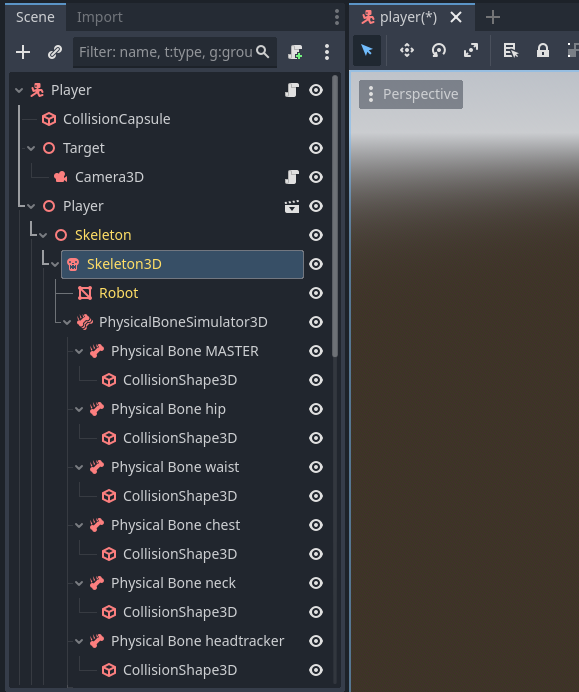 Scene tree of the player scene after creating a physical skeleton